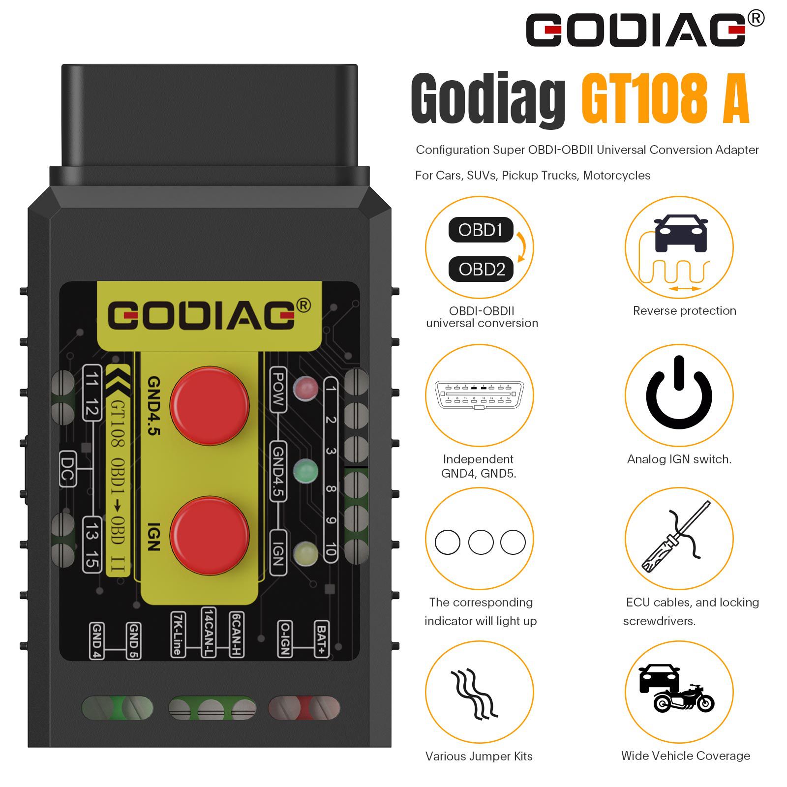GODIAG GT108 A Configuration Super OBDI-OBDII Universal Conversion Adapter For Cars, SUVs, Pickup Trucks, Motorcycles