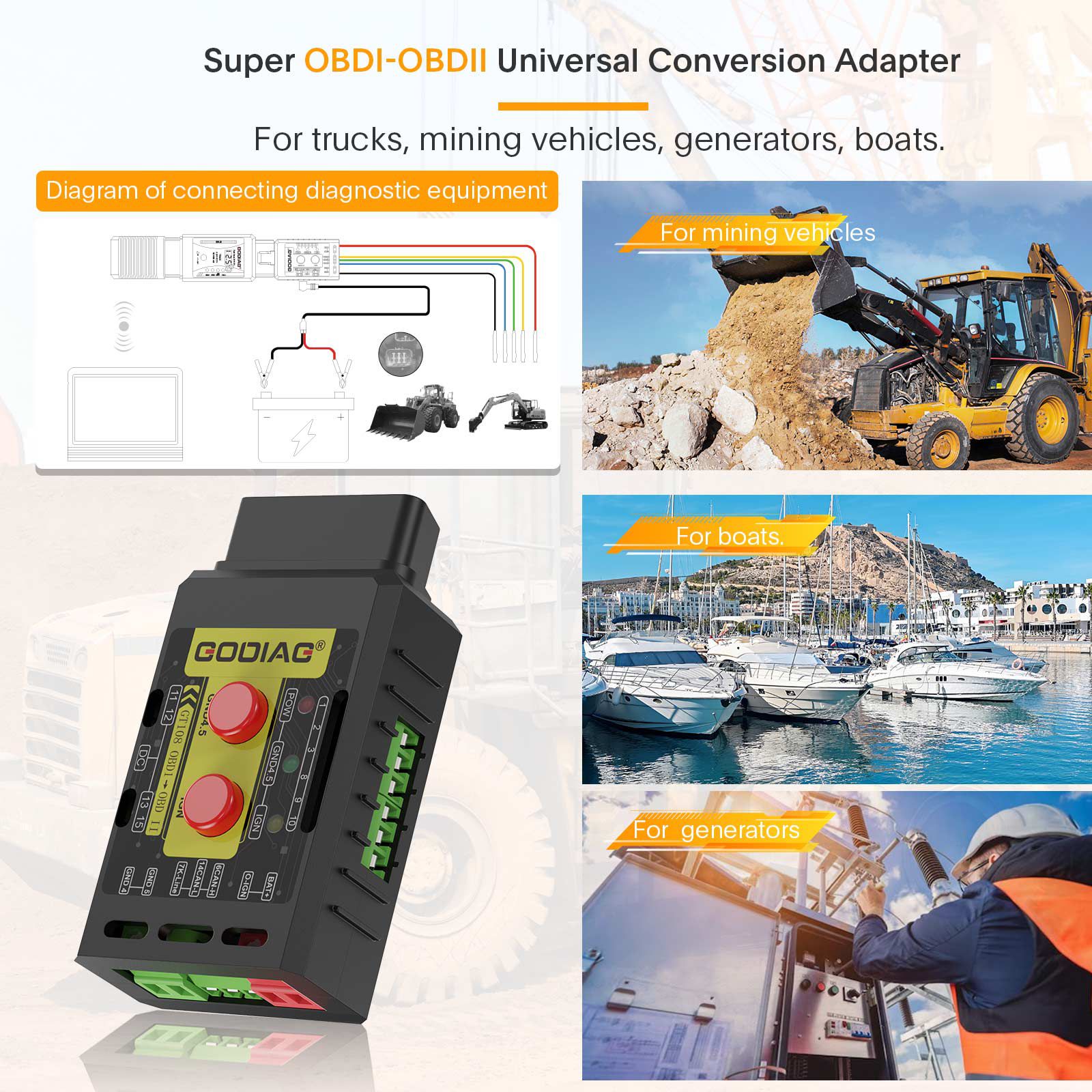 GODIAG GT108 B Configuration Super OBDI-OBDII Universal Conversion Adapter For Trucks, Tractors, Mining Vehicles, Generators, Boats