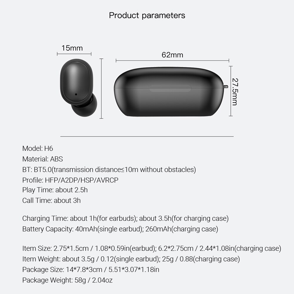 H6 TWS True Wireless Earbuds In-Ear Headphones IPX4 Waterproof Bluetooth 5.0 Gaming Headset Noise Cancellation Binaural Audio