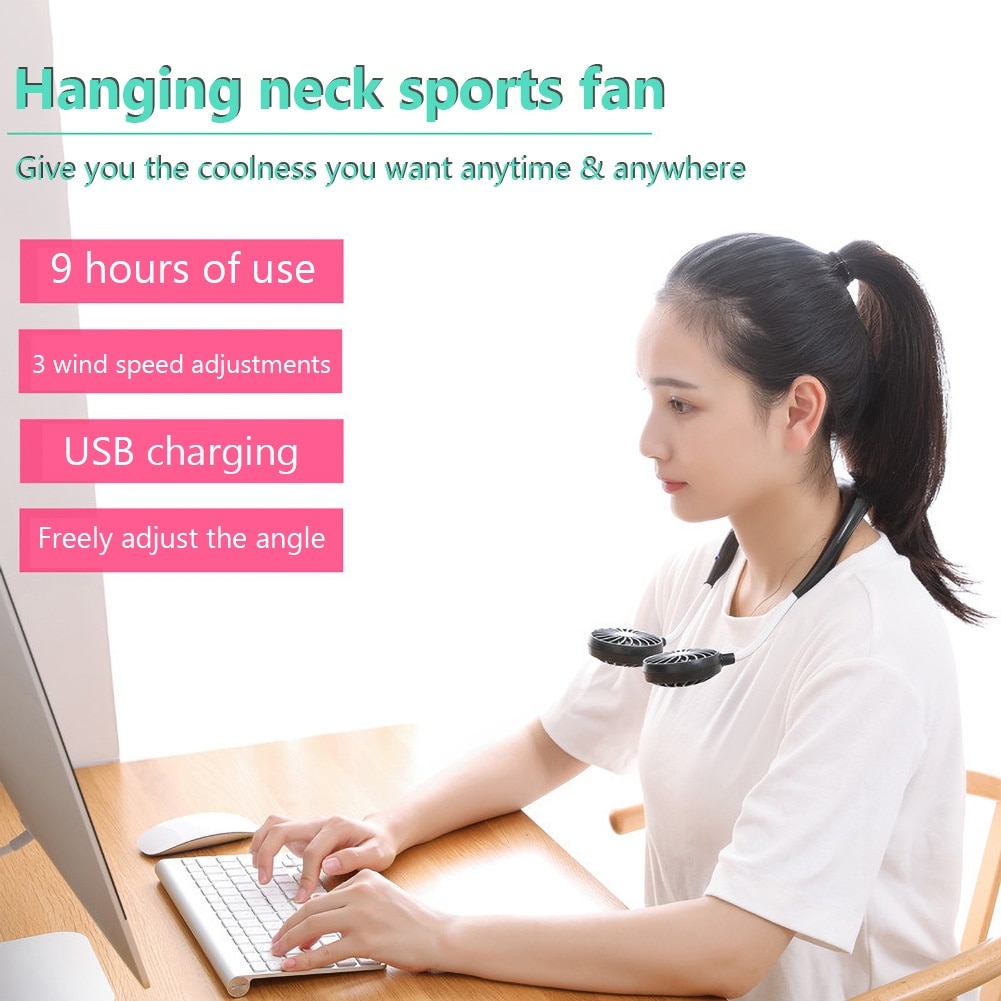 Hands-free Fan Neck Band Fan Hands-Free Fan Hanging USB Rechargeable Dual Fan Mini Fan Air Cooler Summer Portable Hanging Fan Fa