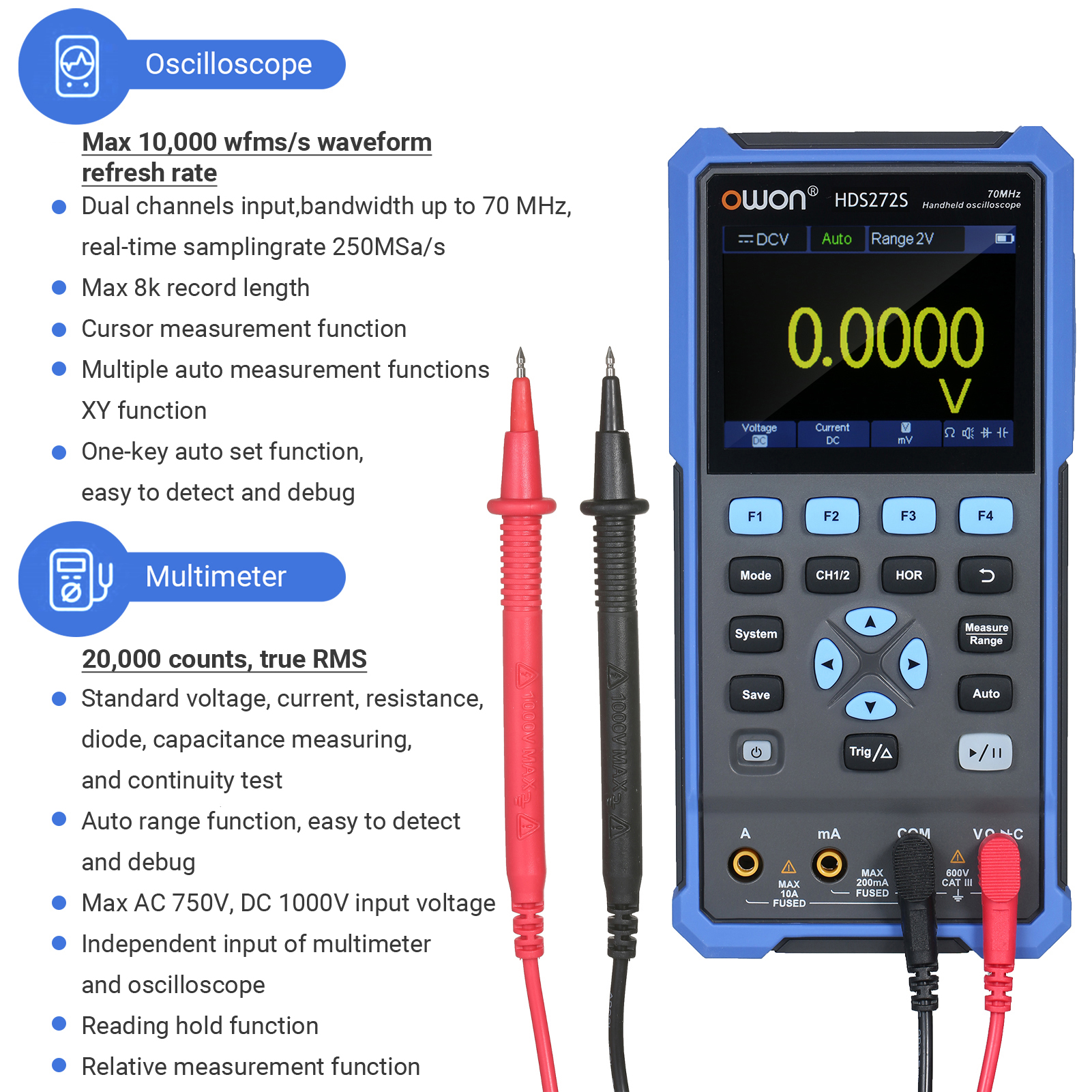 HDS272 Oscilloscope 3-in-1 Digital Oscilloscope Waveform Generator Multimeter 2CH USB TypeC 40/70MHz 3.5 LCD Test Meter