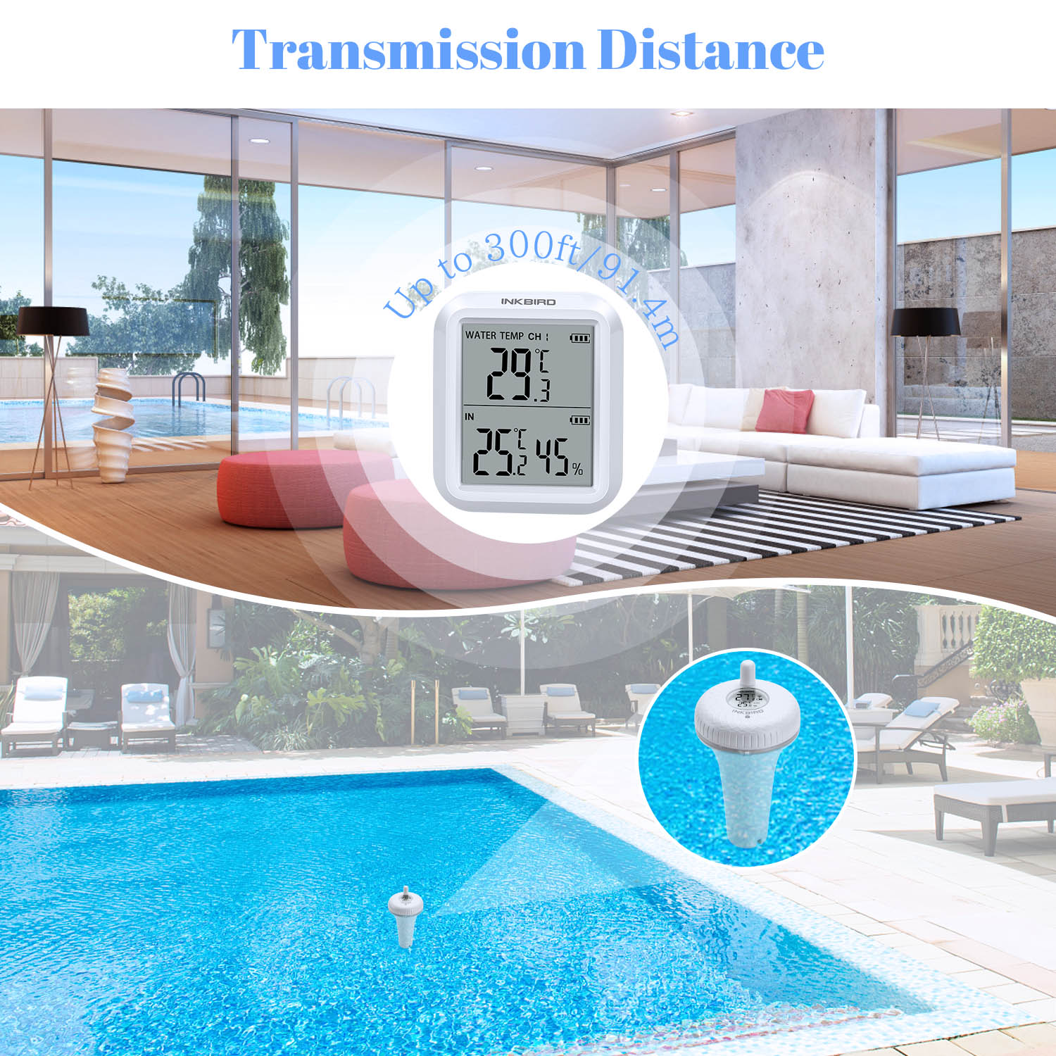 High Accuracy Wireless Pool Thermometer IBS-P02R IPX7 Waterproof Indoor & Outdoor Temperature Monitor for Swimming Pool