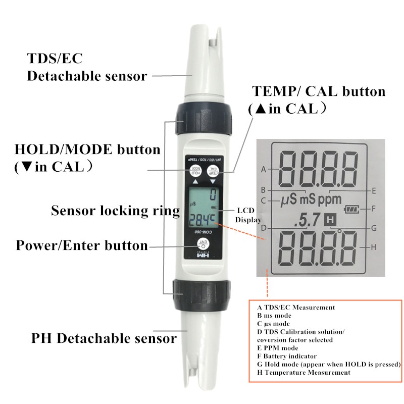 COM-360 4 in 1 PH meter EC/TDS/PH/TEMP waterproof combo LCD Digital portable ATC Calibration Data Hold Tool Tester