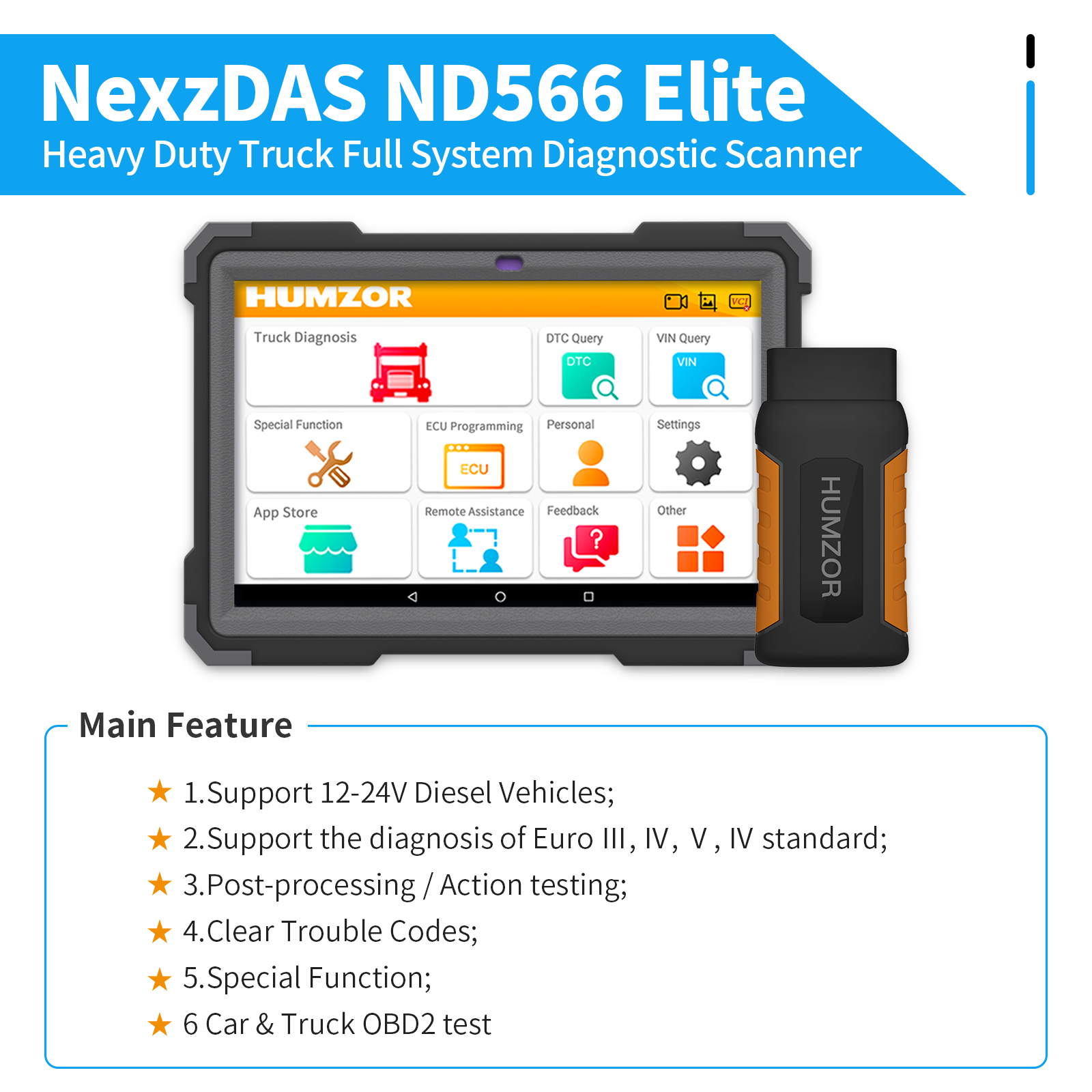 HUMZOR ND566 Elite Full System Heavy Duty Truck Car Diagnostic Scanner Tools for Engine ABS Airbag DPF Odometer Adjustment Diesel OBD