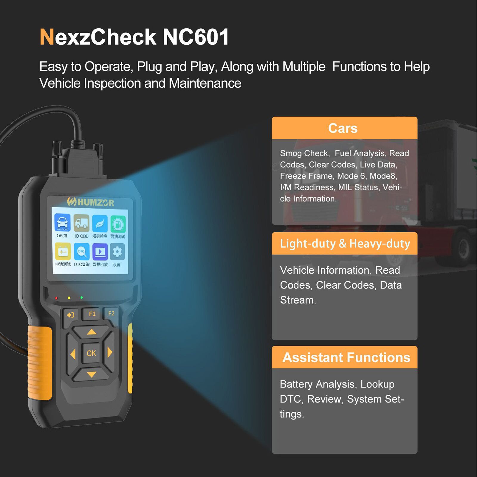 HUMZOR NexzCheck NC601 for Diesel and Gasoline I/M Readiness, MIL Status Analysis, Smog Check, Fuel Analysis, Battery Analysis, Live Data, Freeze Data