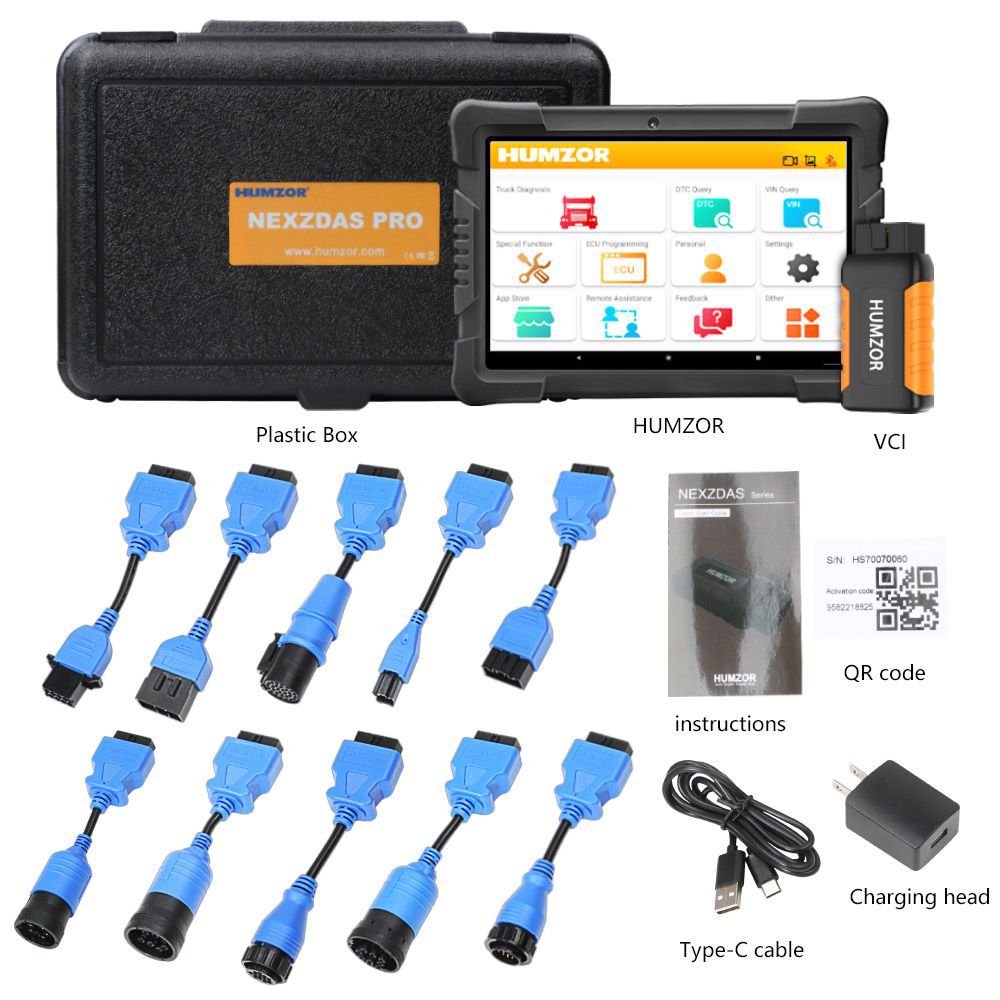 Humzor NexzDAS ND506 Plus Full Version 10 Inch Tablet for 12V-24V Diesel Commercial Vehicles Diagnostic Tool with 10 Converters