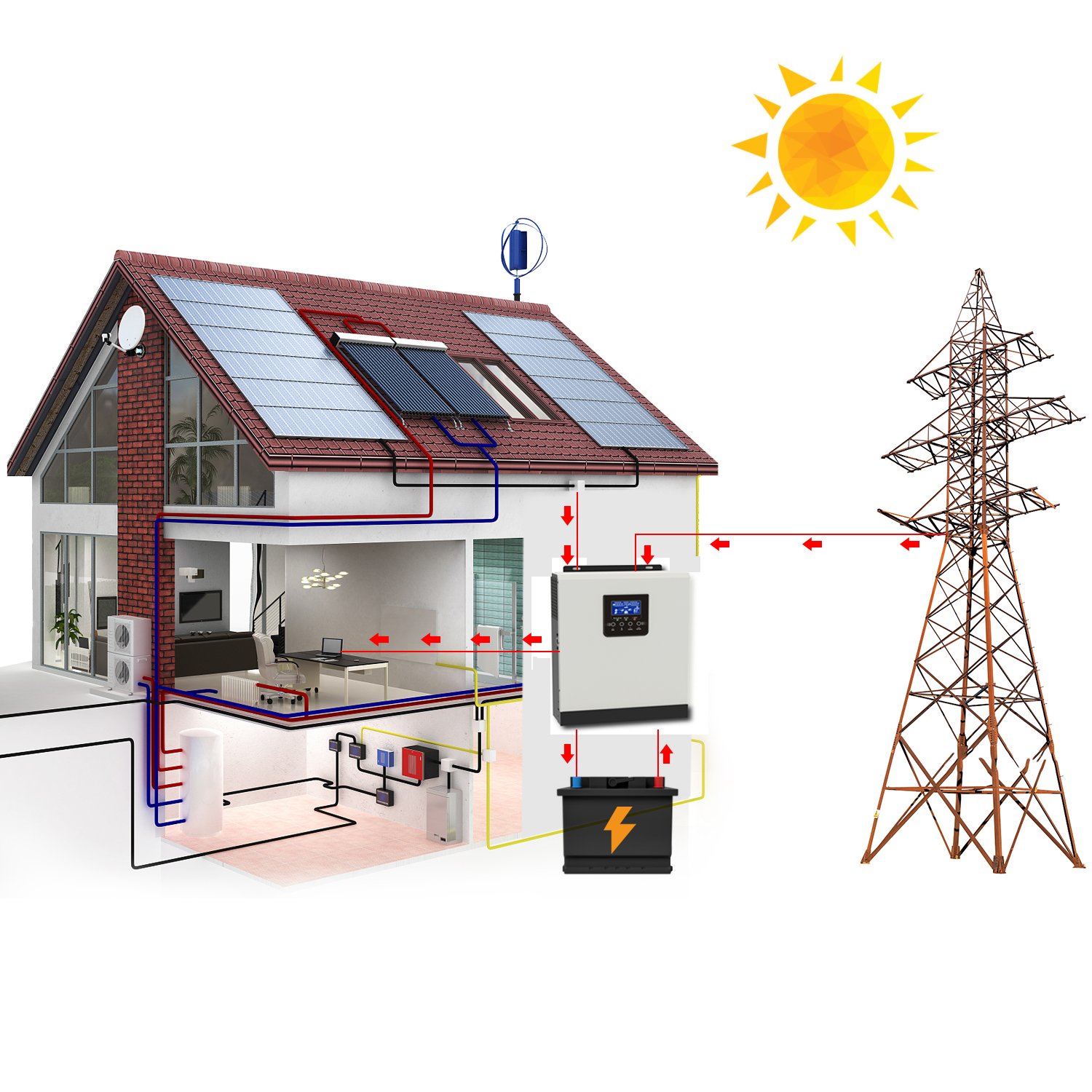 Hybrid Solar Inverter 3000VA 2400W Pure Sine Wave DC 24V AC 220VAC MPPT Solar Inversor Build In 40A Solar Controller &AC Charger