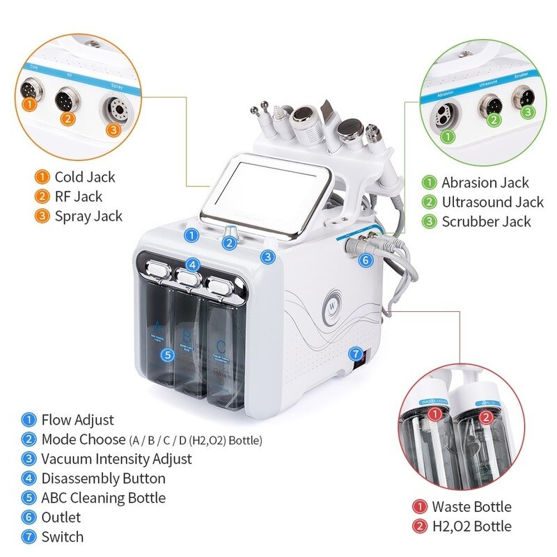6 in1 H2-O2 Hydro Dermabrasion RF Bio-lifting Spa Facial Ance Pore Cleaner Hydrafacial Microdermabrasion Machine Skin Care Tools