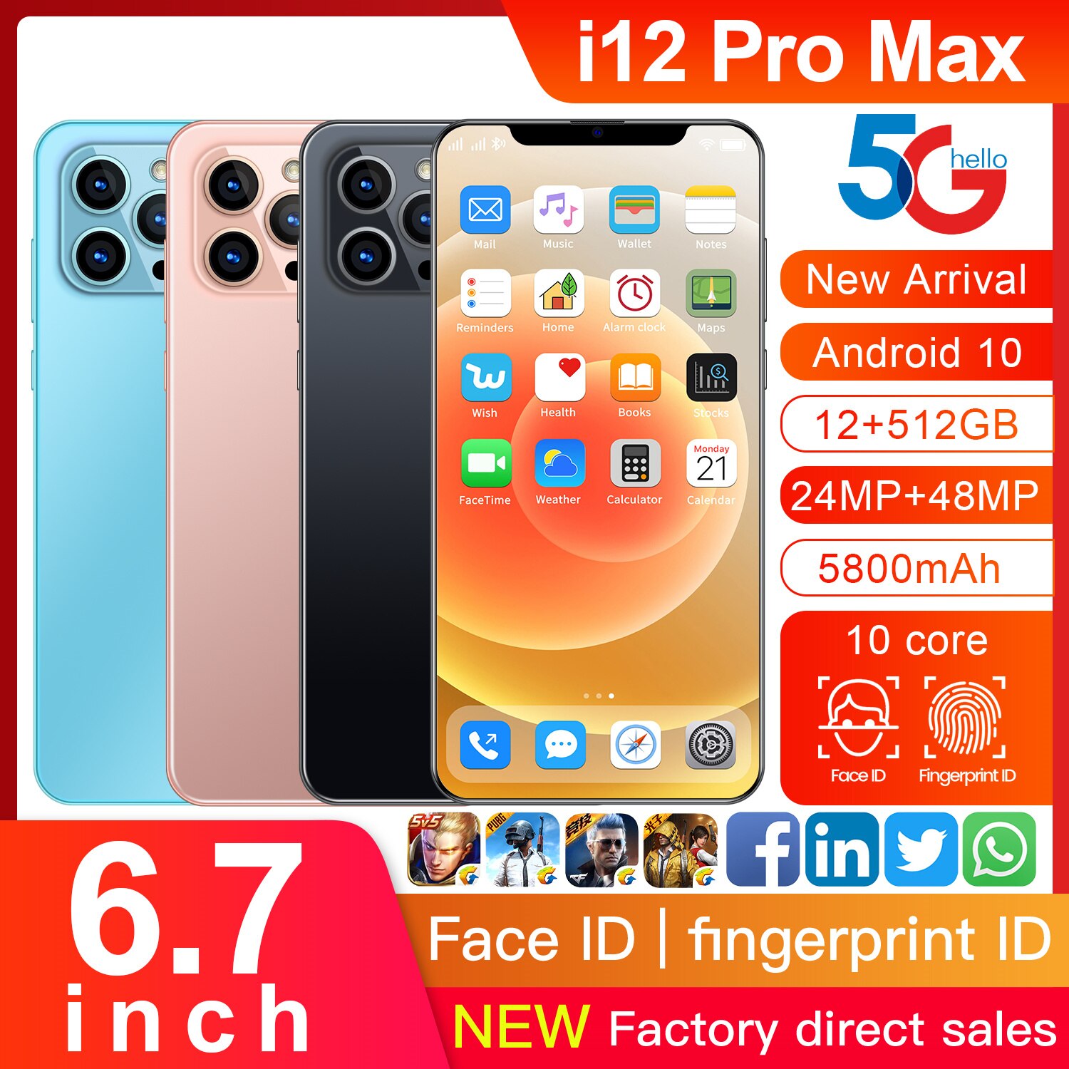 i12 Pro Max Smartphone Android10 6.7 Inch HD Screen 5G Cellphone 12+512GB Face ID 5800mAh Dual SIM Mobile Phone