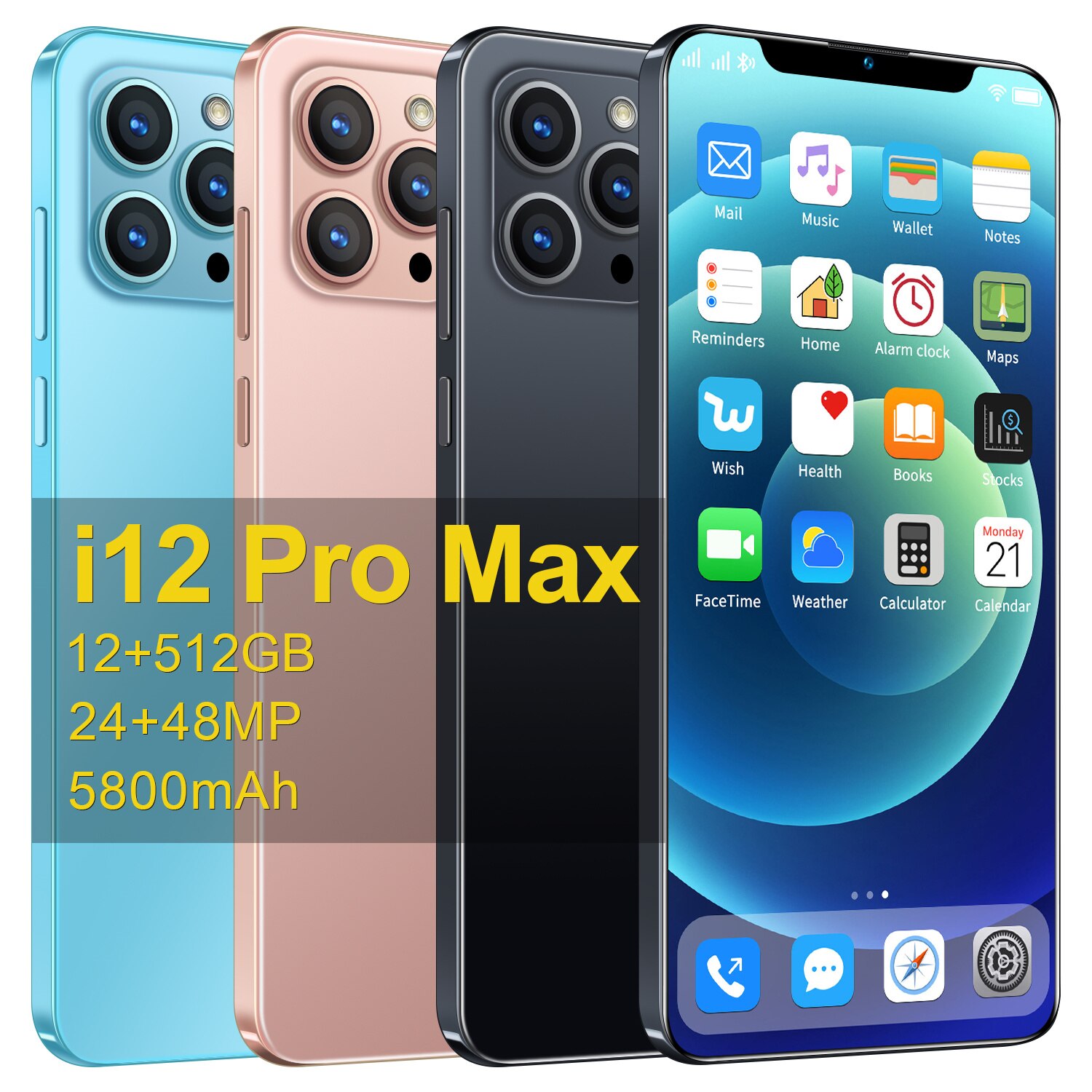 i12 Pro Max Smartphone Android10 6.7 Inch HD Screen 5G Cellphone 12+512GB Face ID 5800mAh Dual SIM Mobile Phone