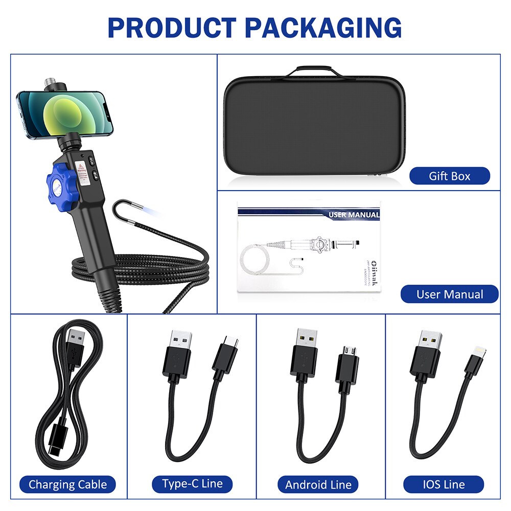 180° Steering Industrial Endoscope Camera 8.5MM Borescope Cars Inspection Camera 8 LED for iPhone Android PC