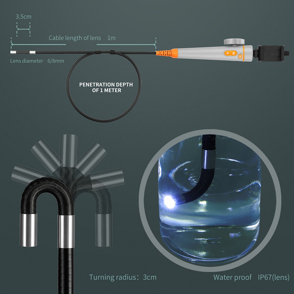 180 Degree Inspection Camera Articulating Industrial Endoscope Camera 6mm/ 8.5mm HD Pipe Camera With 6 LED for iPhone Android