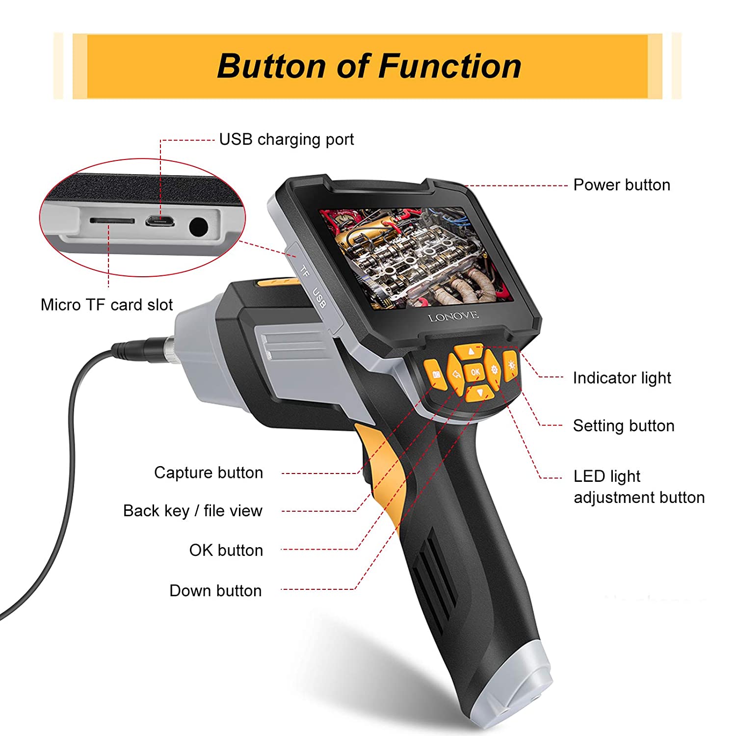 8mm Dual Lens Industrial Endoscope 1080P Full HD 4.3 inch LCD Digital Inspection Camera with 16.4Ft Semi-Rigid Probe 32GB Card