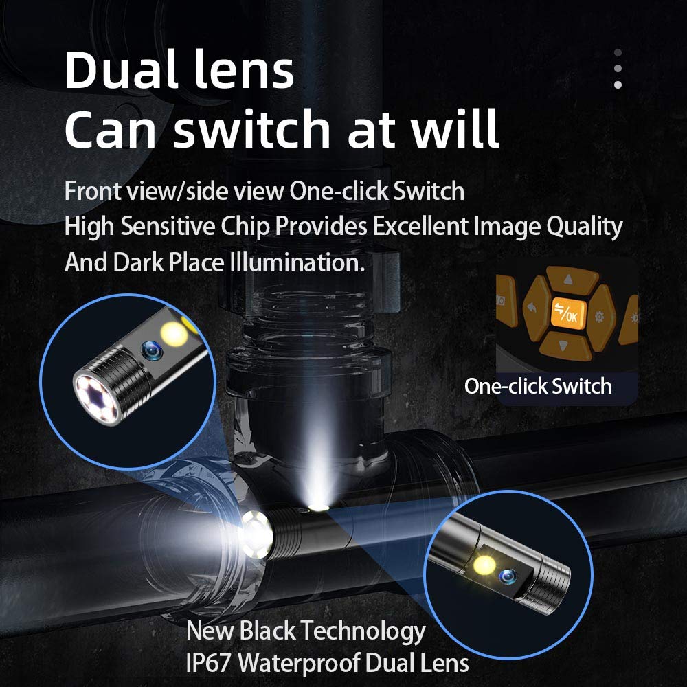 8mm Dual Lens Industrial Endoscope 1080P Full HD 4.3 inch LCD Digital Inspection Camera with 16.4Ft Semi-Rigid Probe 32GB Card