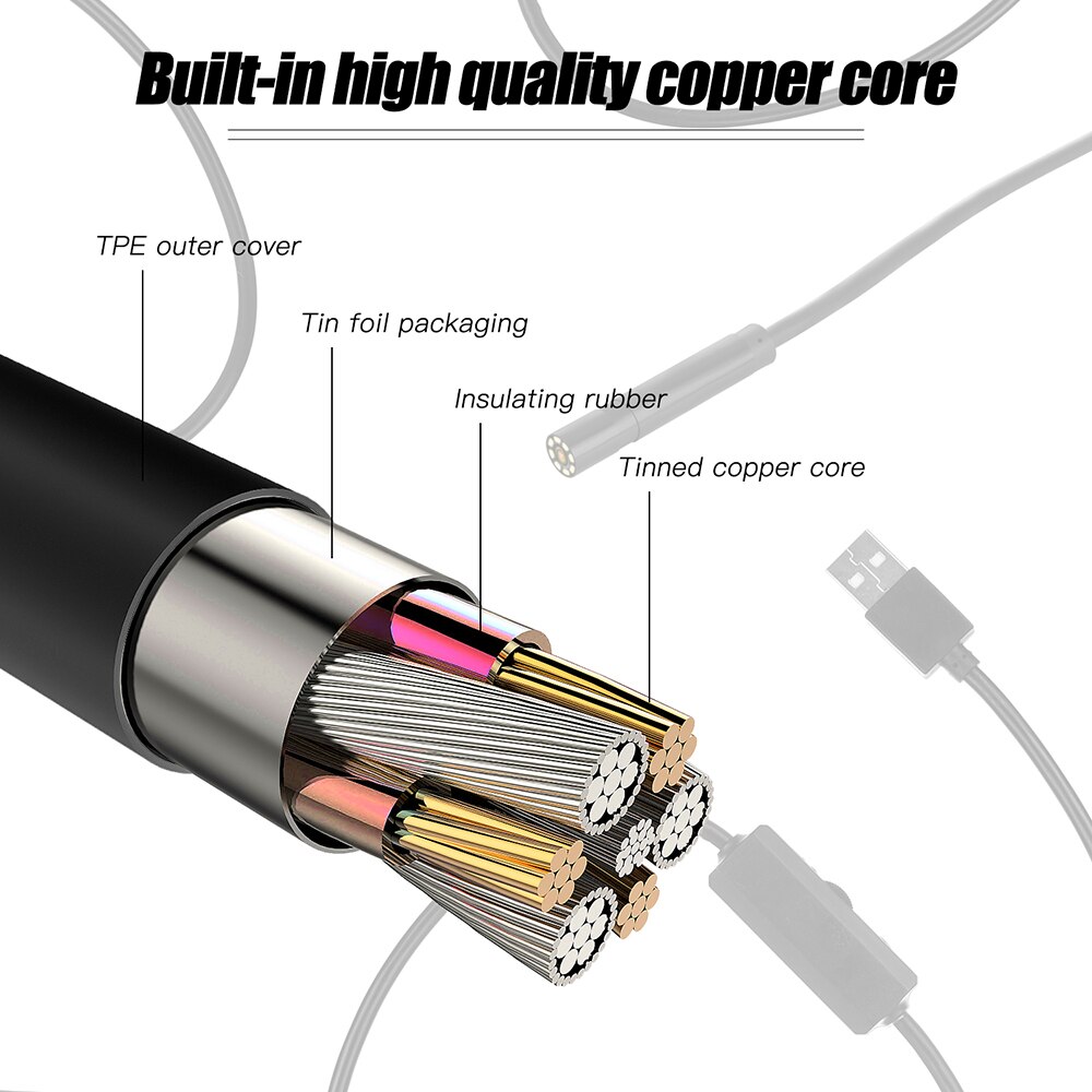 2m/5m/10m Soft Wire Industrial Endoscope Borescope Inspection Camera Built-in 8pcs LEDs 8mm Lens IP67 Waterproof USB Endoscope