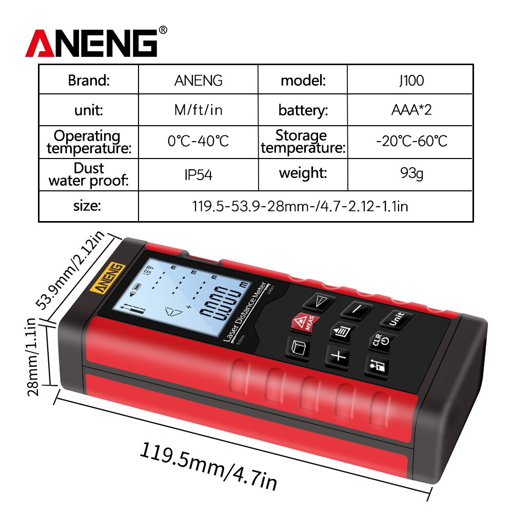 ANENG J100 Electronic Laser Distance Meter Digital Professional Distance Area Volume Meter Multimeter Test Tool M/Inch/Ft