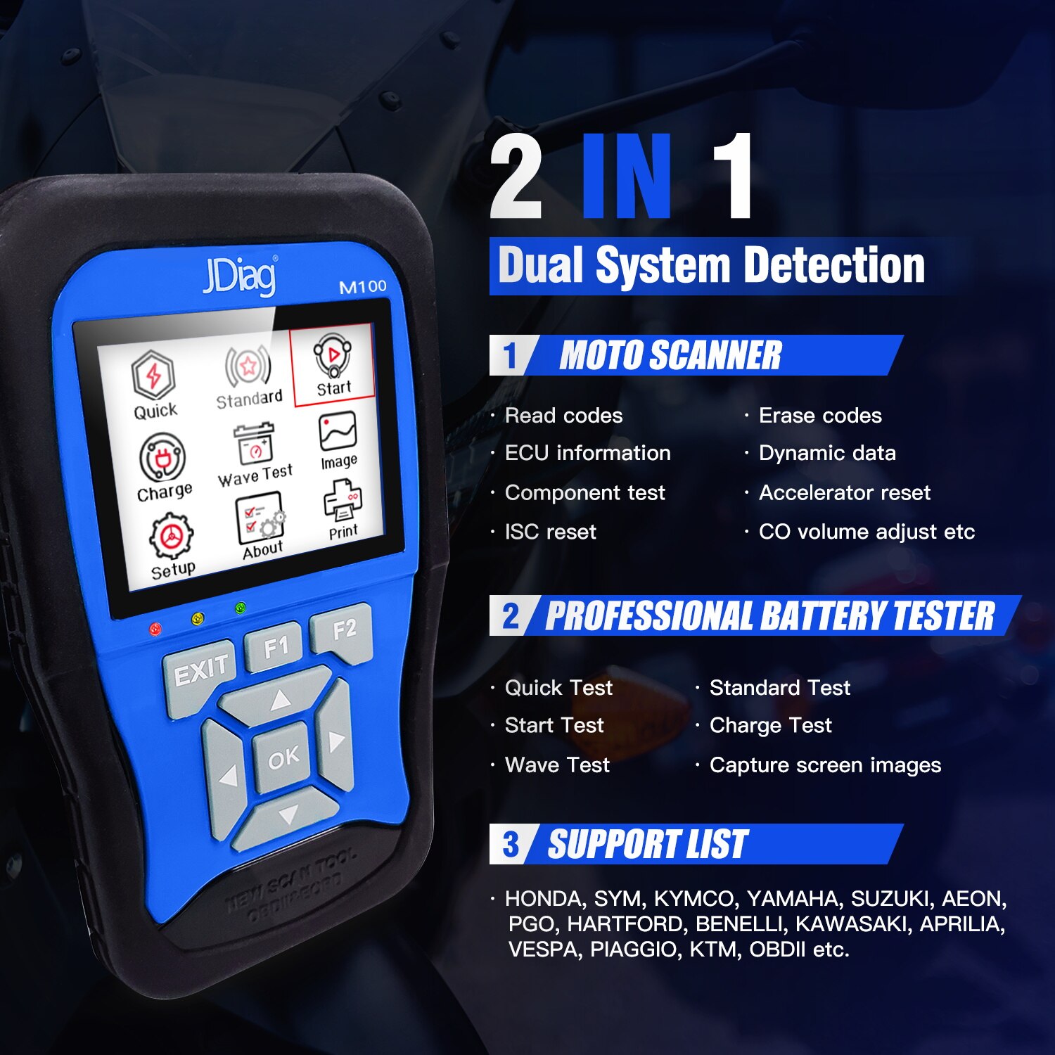 JDiag M100 Motorcycle Diagnostic Tool for k-awasaki y-amaha s-uzuki etc Motorbike Scanner Motor Scan Battery Tester