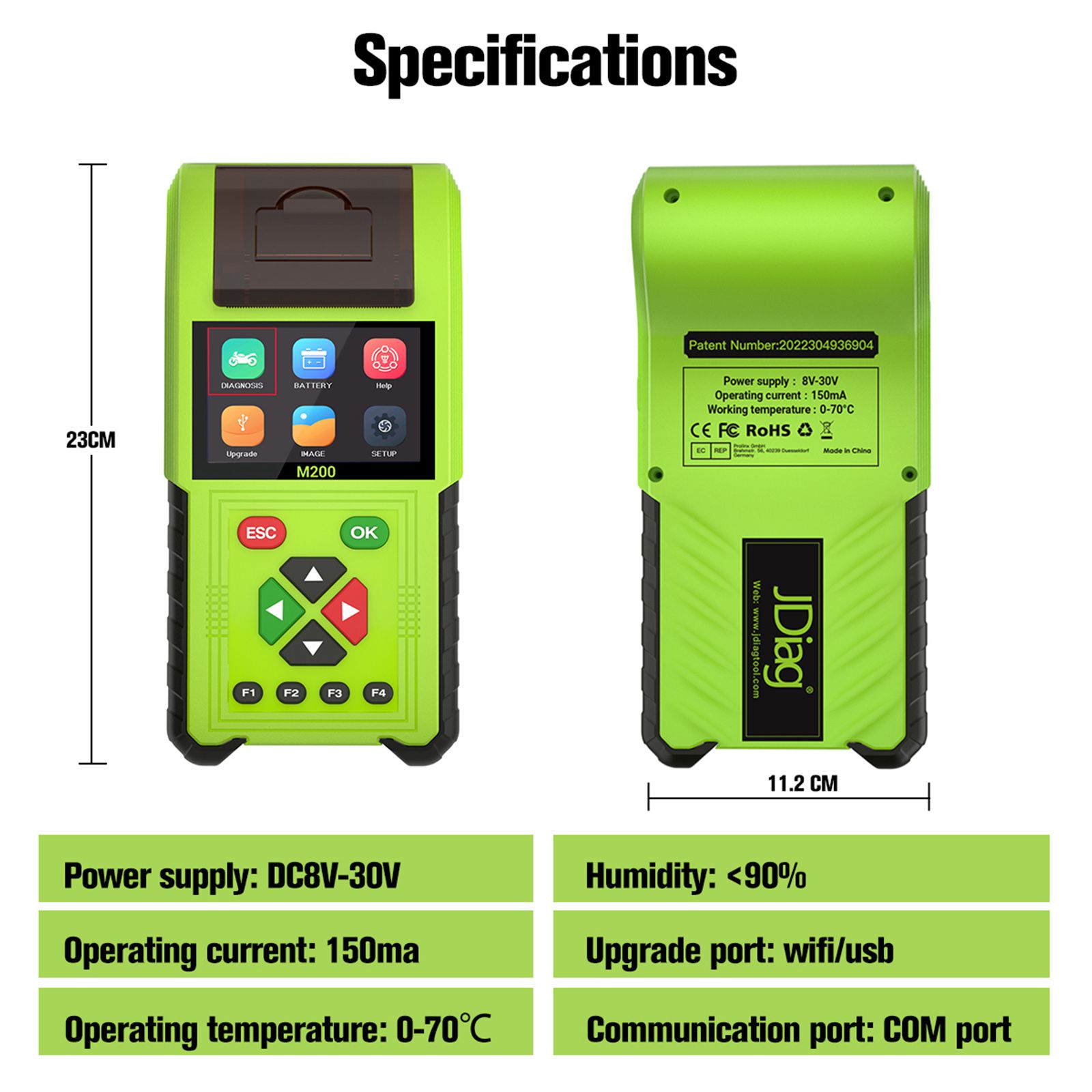 JDiag M200 Full Version Handheld Motorcycle Diagnostic Tool, Dual System Motorcycle Tester + Professional Battery Tester