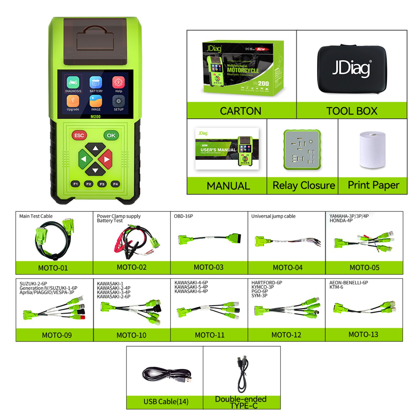 JDiag M200 Full Version Handheld Motorcycle Diagnostic Tool, Dual System Motorcycle Tester + Professional Battery Tester