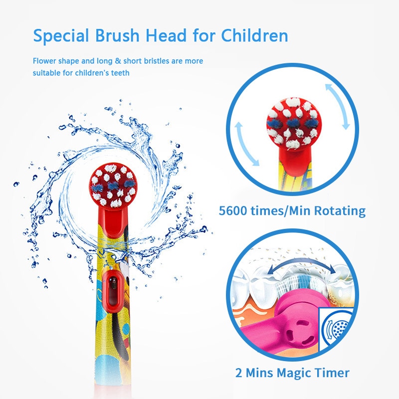 Kids Electric Toothbrush Soft Bristle for Oral Care Replaceable Brush Head AA Battery Powered With 2 Minutes Timer