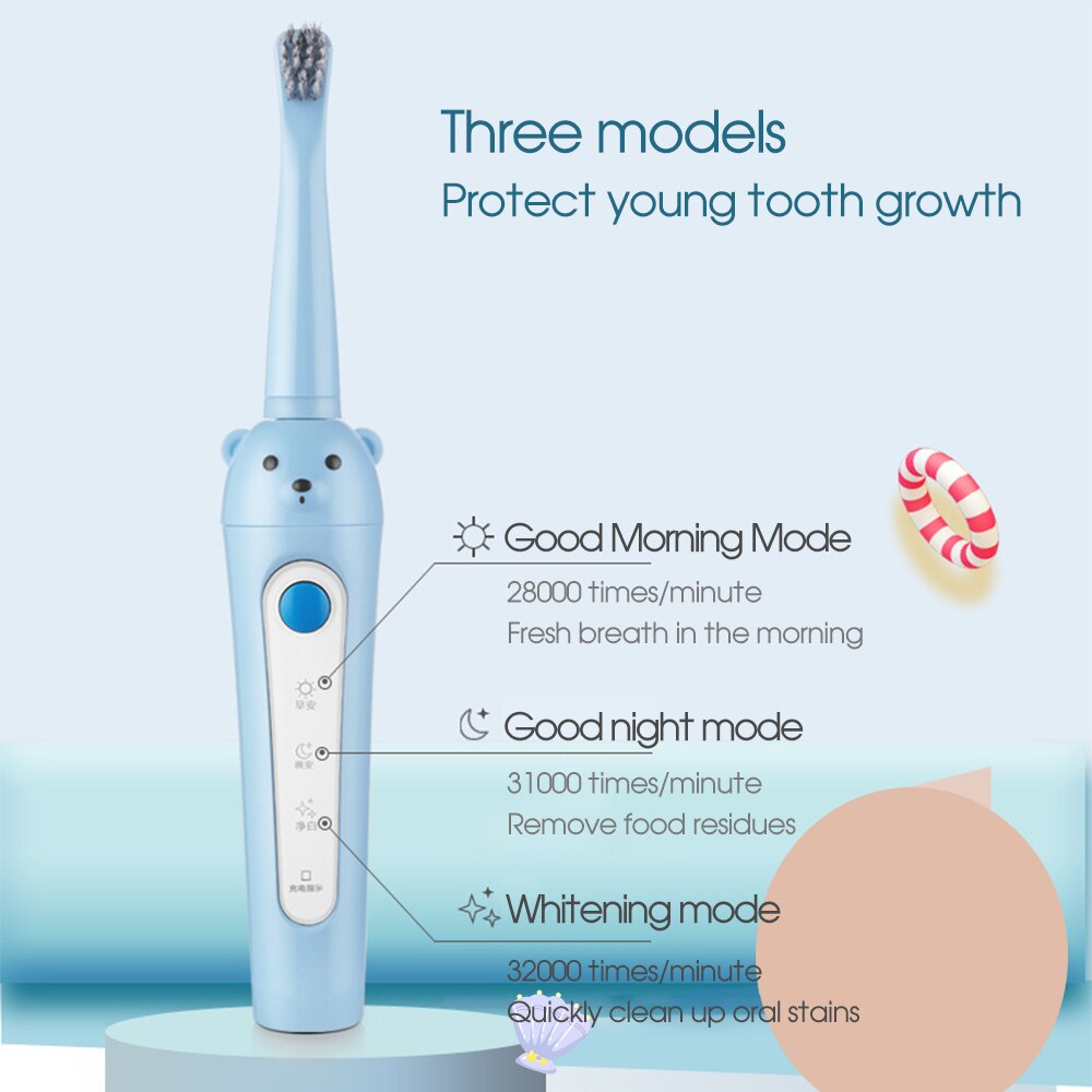 3 Modes IPX7 Waterproof USB Rechargeable 3-12 Years Old Kids Smart Sonic Electric Toothbrush For Children Replacement Heads
