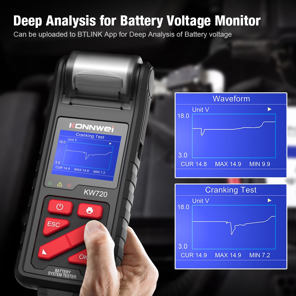 KONNWEI KW720 6V/12V/24V Motorcycle Car Truck Battery Tester with Built-in Printer Battery Analyzer Charging Cranking Test Tools