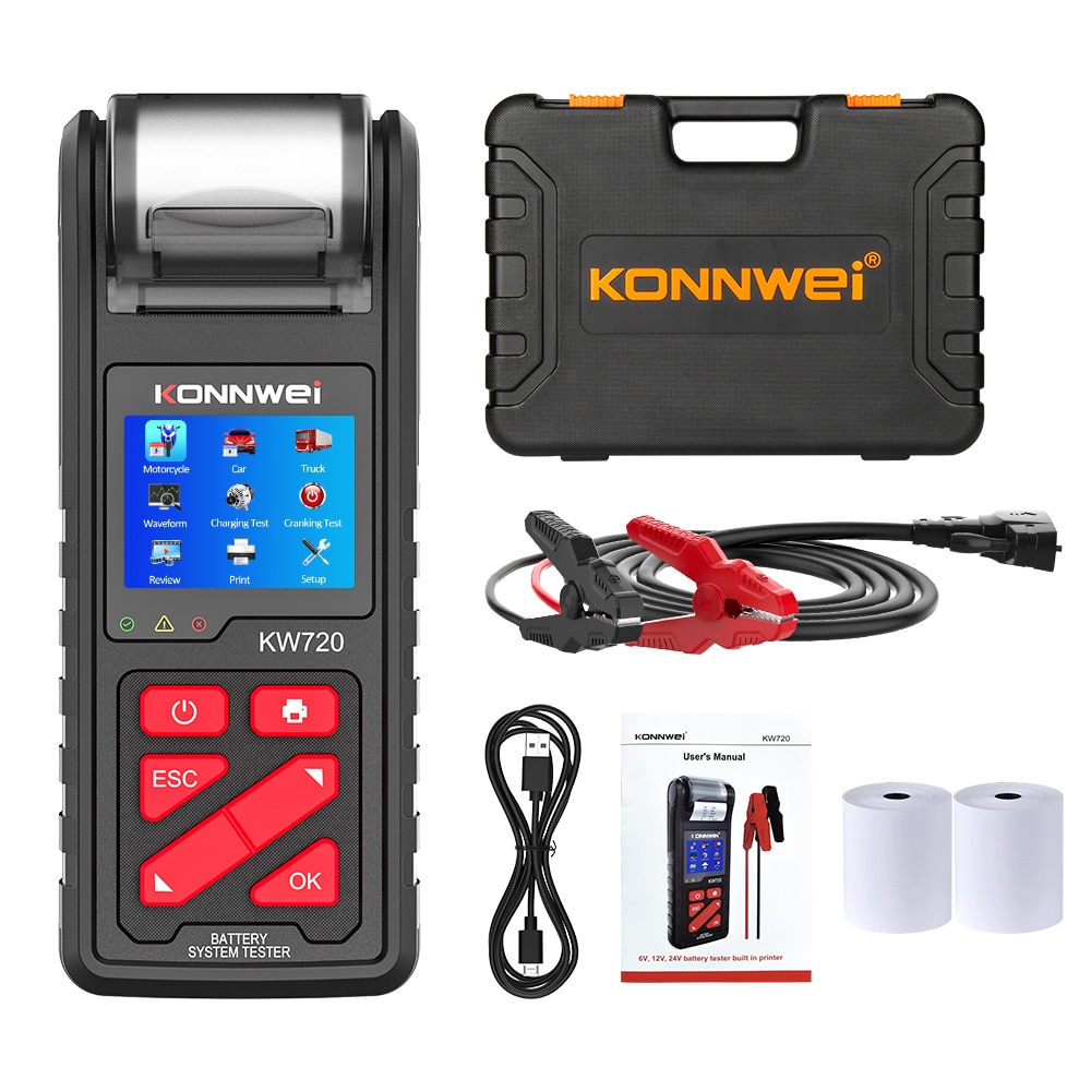 KONNWEI KW720 6V/12V/24V Motorcycle Car Truck Battery Tester with Built-in Printer Battery Analyzer Charging Cranking Test Tools