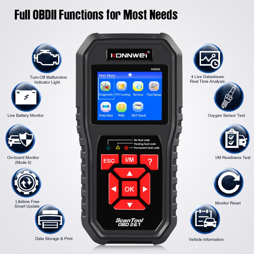 KONNWEI KW850 OBD2 Car Diagnostic Scanner Tools OBD 2 Auto Diagnostic Tool Check Engine Automotive Car Scanner Code Reader Black