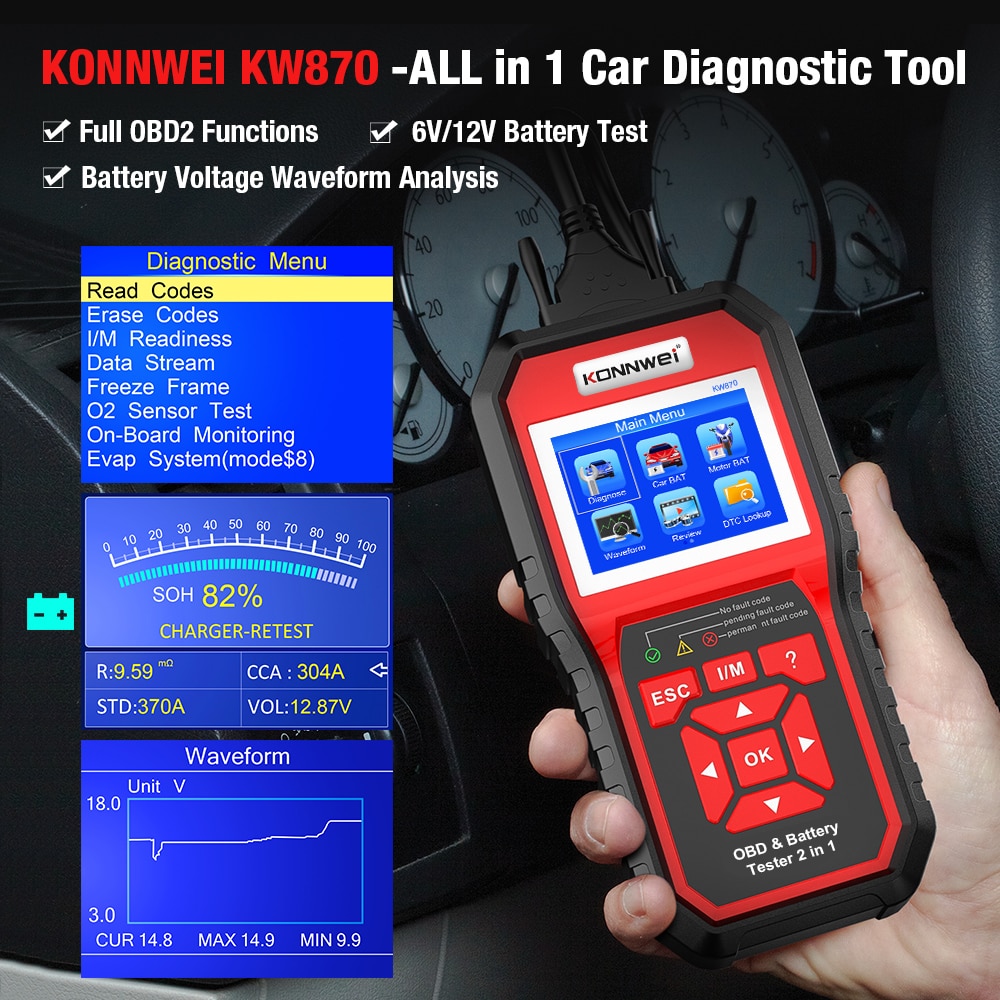 KONNWEI KW870 6V 12V Car Motorcycle Battery Tester OBD2 Diagnostics Tool Scanner 2 in1 Cranking Charging Test Tools for the Car