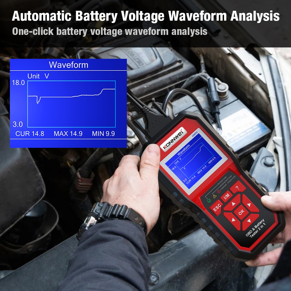 KONNWEI KW870 6V 12V Car Motorcycle Battery Tester OBD2 Diagnostics Tool Scanner 2 in1 Cranking Charging Test Tools for the Car