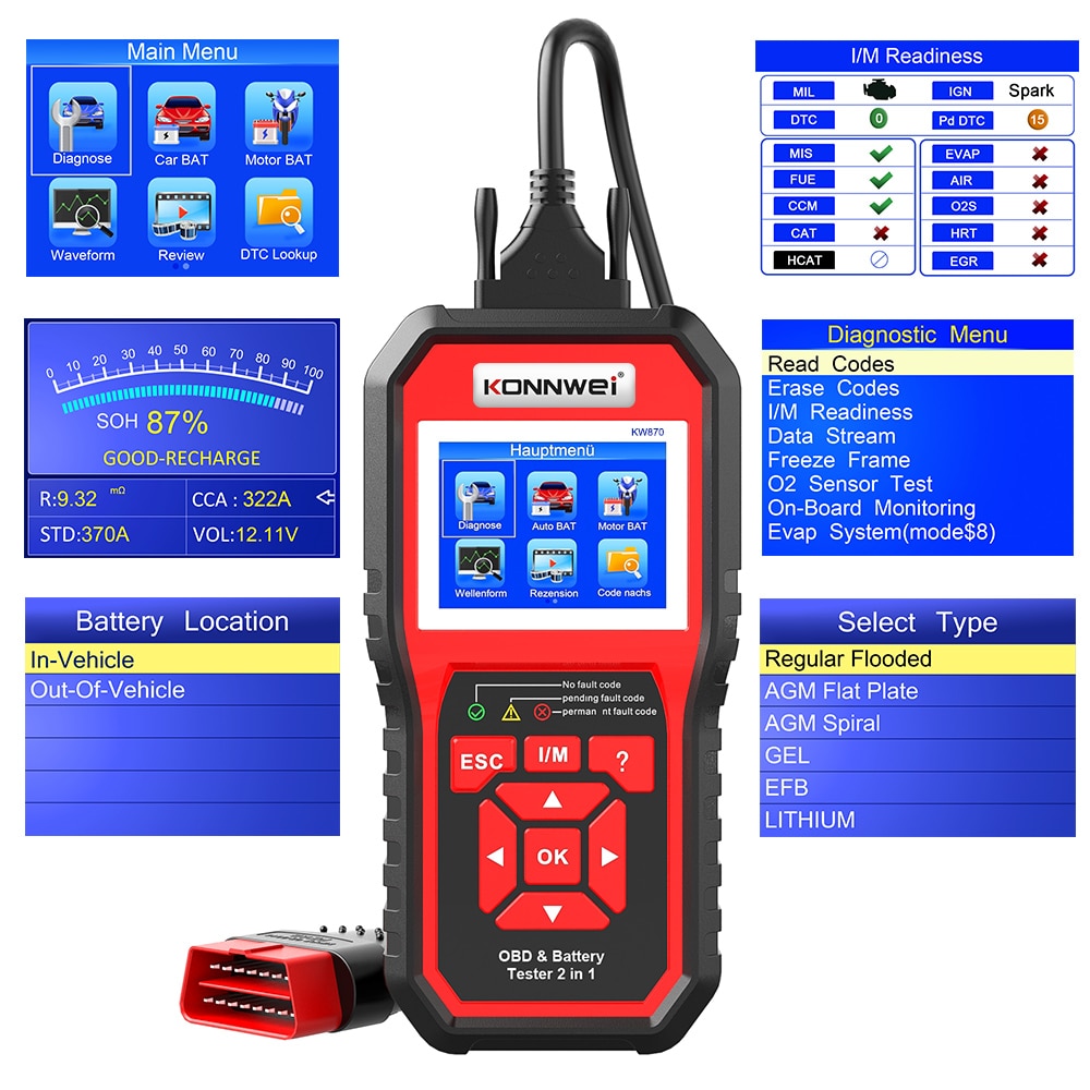 KONNWEI KW870 6V 12V Car Motorcycle Battery Tester OBD2 Diagnostics Tool Scanner 2 in1 Cranking Charging Test Tools for the Car