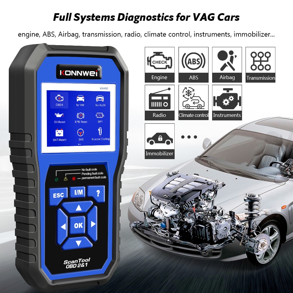 KONNWEI KW450 OBD2 Diagnostic Tool for VAG Cars VW Audi ABS Airbag Oil ABS EPB DPF SRS TPMS Reset Full Systems Scanner VAG COM
