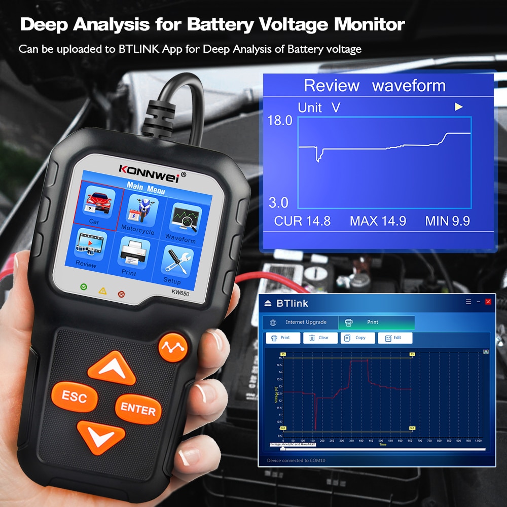 KONNWEI KW650 Car Motorcycle Battery Tester 12V 6V  Battery System Analyzer 2000CCA Charging Cranking Test Tools for the Car