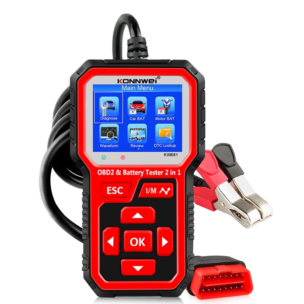 KONNWEI KW681 6V 12V Car Motorcycle Battery Tester Auto Diagnostic Tool 2 in1 2000 CCA Car OBD2 Scanner Full OBD 2 Function