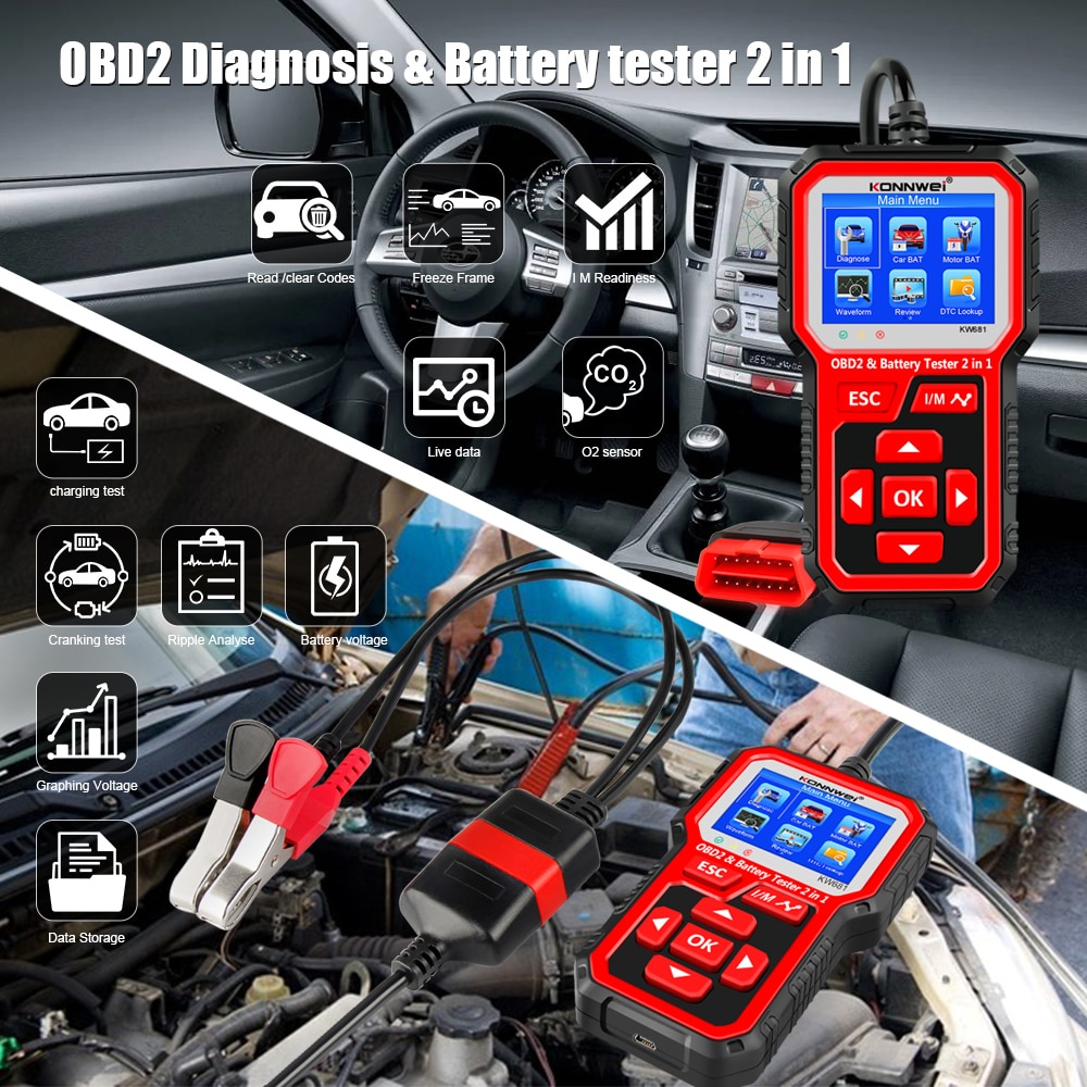 KONNWEI KW681 6V 12V Car Motorcycle Battery Tester Auto Diagnostic Tool 2 in1 2000 CCA Car OBD2 Scanner Full OBD 2 Function