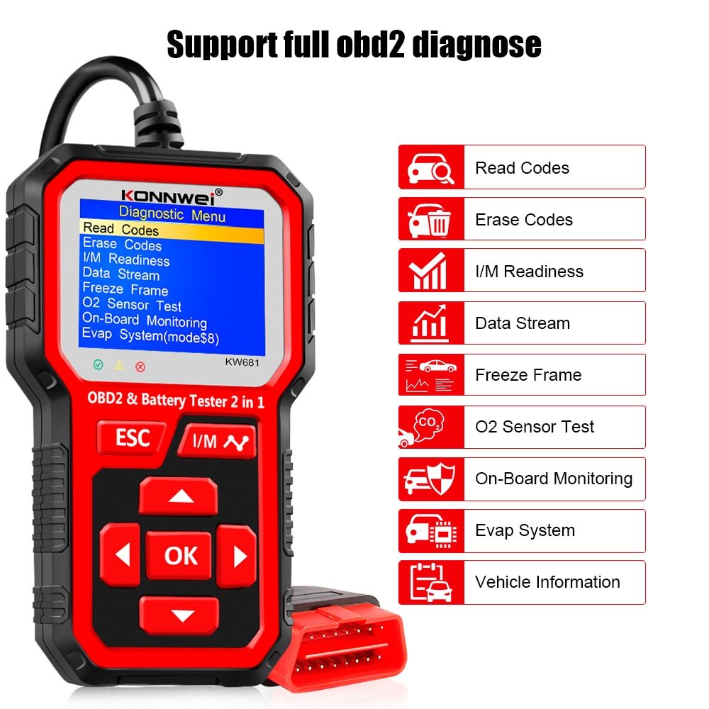 KONNWEI KW681 6V 12V Car Motorcycle Battery Tester Auto Diagnostic Tool 2 in1 2000 CCA Car OBD2 Scanner Full OBD 2 Function