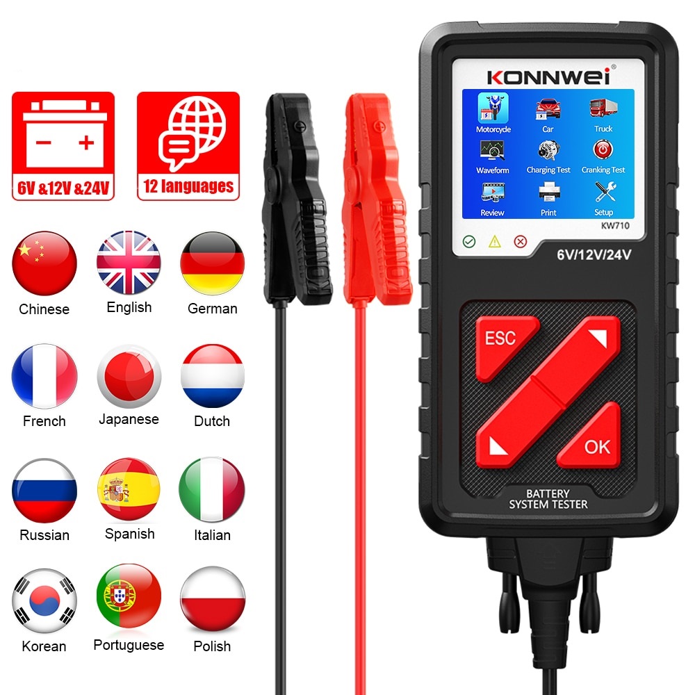 KONNWEI KW710 Motorcycle Car Truck Battery Tester 6V 12V 24V Battery Analyzer 2000 CCA Charging Cranking Test Tools for the Car