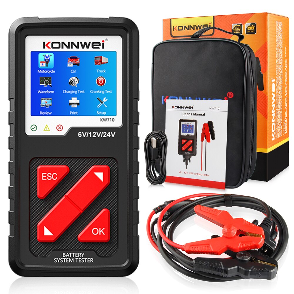 KONNWEI KW710 Motorcycle Car Truck Battery Tester 6V 12V 24V Battery Analyzer 2000 CCA Charging Cranking Test Tools for the Car