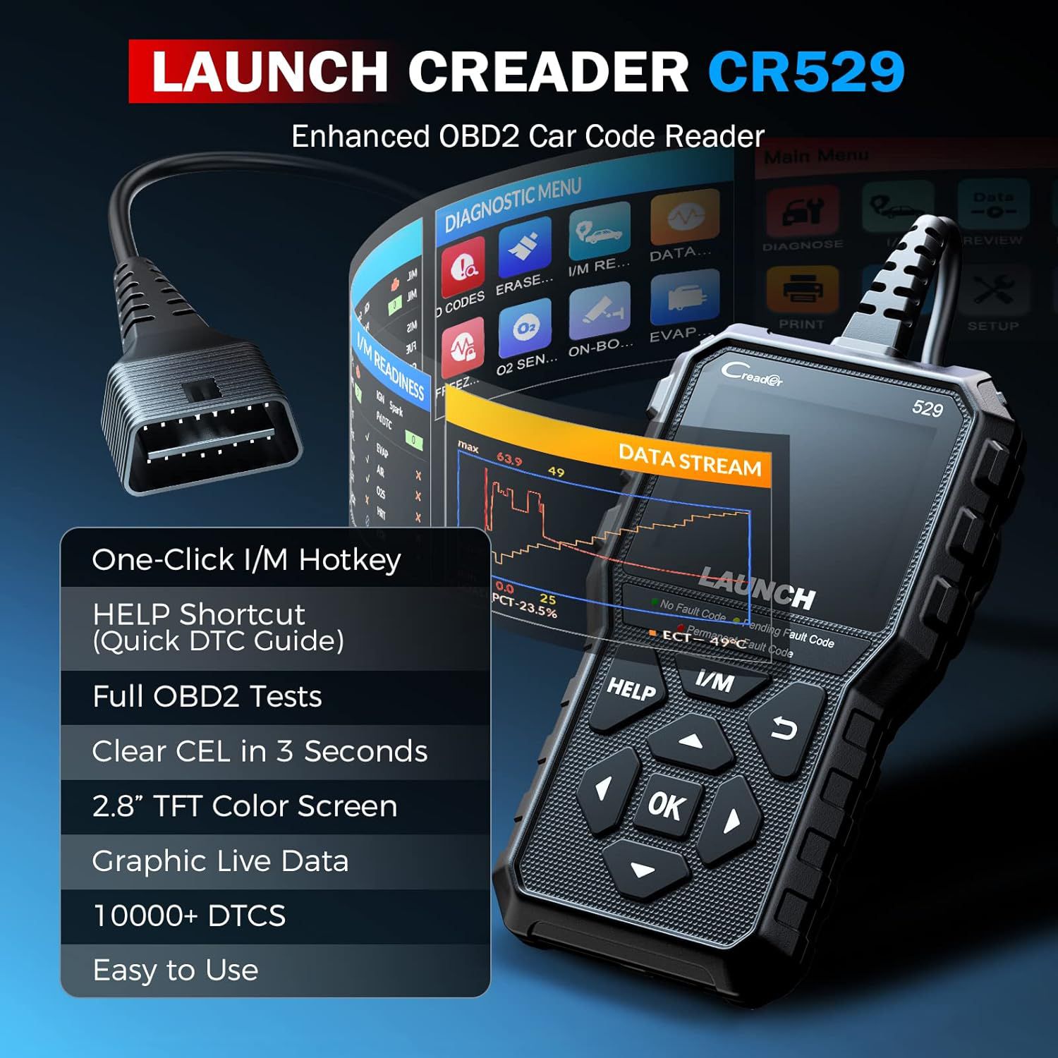 LAUNCH CR529 OBD2 Scanner Diagnostic Tool, Full OBD2 Scanner Backup, Clear Codes, One Click I/M, for DIYers with Cars After 1996