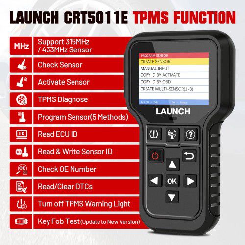 2024 Launch CRT5011E TPMS Relearn Tool TPMS Sensor (315+433MHz) Support Read/ Activate/ Programming/ Relearn/ Reset/ Key Fob Test