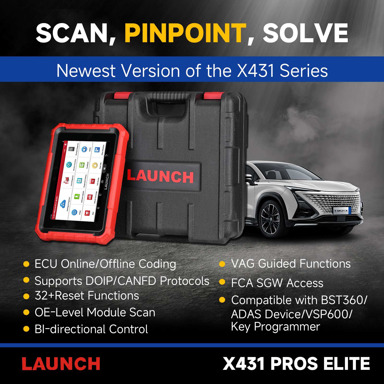  2024 Launch X431 PROS ELITE Bidirectional Scan Tool with CANFD ECU Coding Full System 32+ Special Function VAG Guide