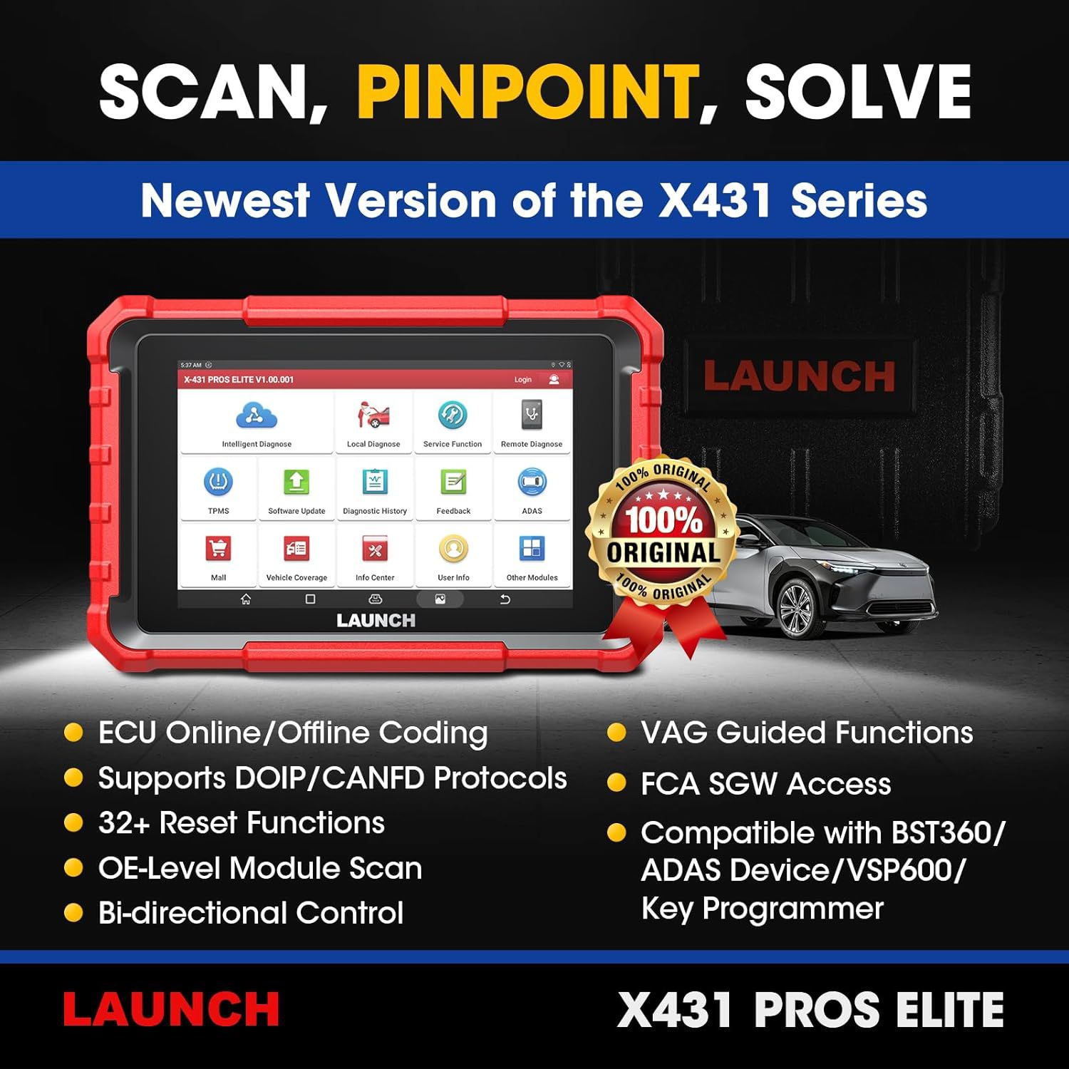  2024 Launch X-431 PROS Elite 8inch Bidirectional Scan Tool with CANFD ECU Coding Full System 32+ Special Function VAG Guide