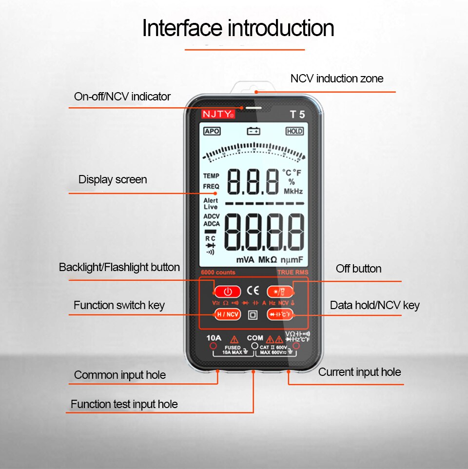 T5 LCD Display 6000 Counts Digital Multimeter Ultra-thin RMS AC DC NCV Current Voltage Capacitance Temperature Tester