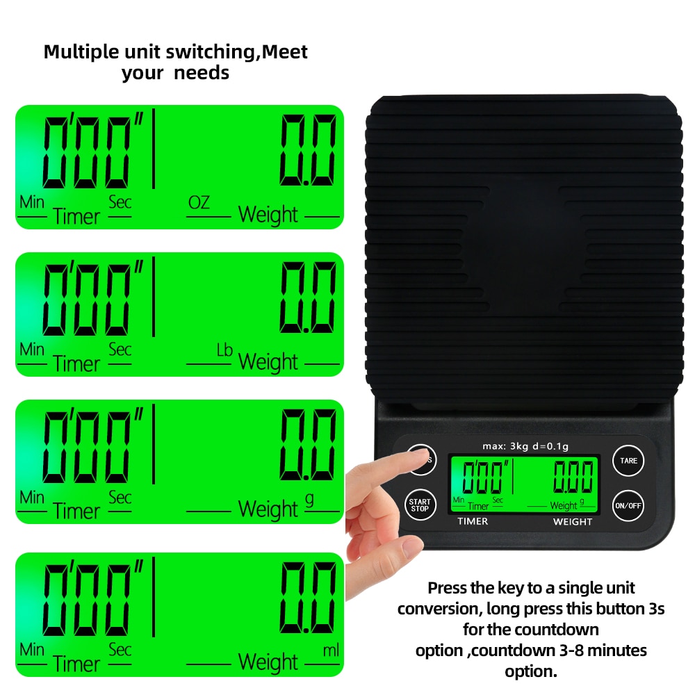 Drip Coffee Scale1kg 2kg/1g 3kg 5kg/0.1g 10kg/1g Timer backlight Food weight LCD Electronic Kitchen Scale High Precision