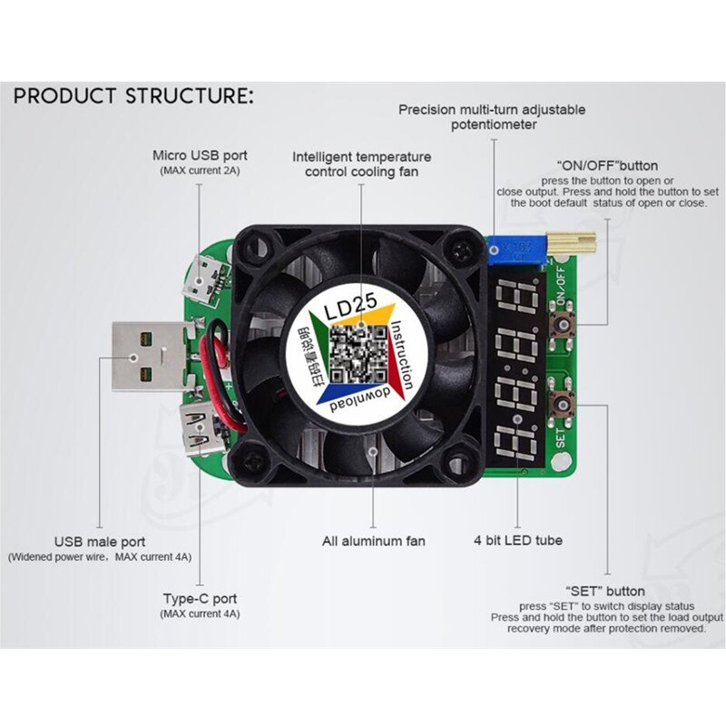 LD25 USB Interface Electronic Load Resistor USB Load Tester Discharge Battery test LED Fan adjustable current voltage 25w