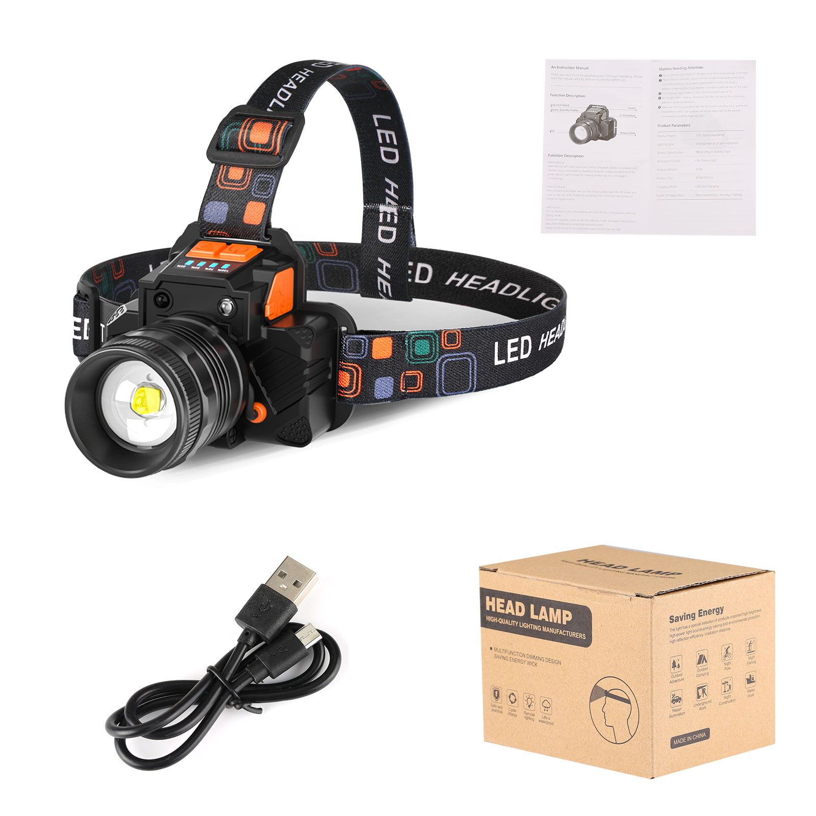 LED Headlamp Big Capacity Strong Light Rechargeable Waterproof Outdoor Night Fishing Long Range Flashlight Miner Lamp Camping Light Sensor Switch Mode