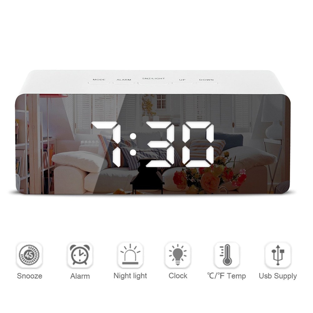 LED Mirror Alarm Clock Digital Snooze Table Clock Wake Up Light Electronic Large Time Temperature Display Home Decoration Clock