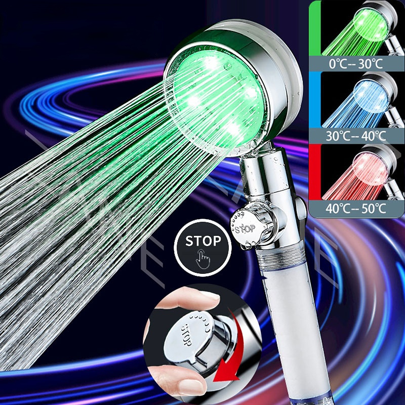 Led Shower Head With Stop Button Water Saving Rainfall Temperature Sensor Bathroom Shower Head High Pressure Filter Set