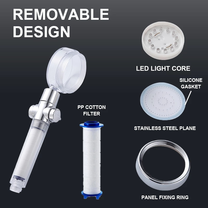 Led Shower Head With Stop Button Water Saving Rainfall Temperature Sensor Bathroom Shower Head High Pressure Filter Set