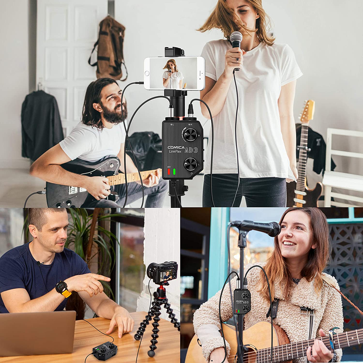 LINKFLEX AD3 XLR/3.5mm/6.35mm Microphone/Guitar Preamp Amplifier with Stereo Mode for Smartphones Cameras Bass Recording